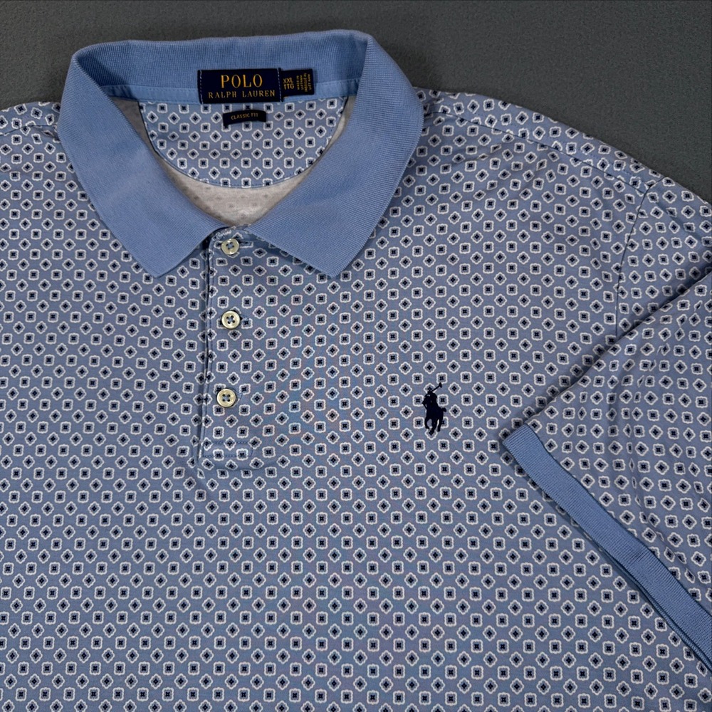 Polo Ralph Lauren Mens XXL Classic Fit Blue Geometric Diamond Print Polo Shirt